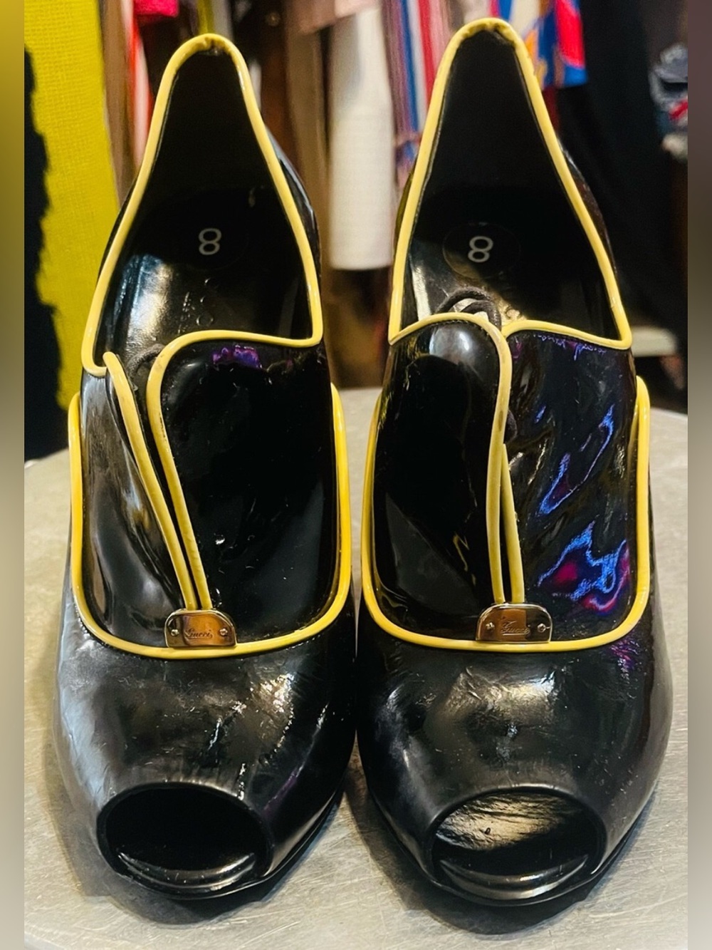 Gucci Black Patent Leather Peep-Toe Heels with Yellow Trim and silver Gucci tab